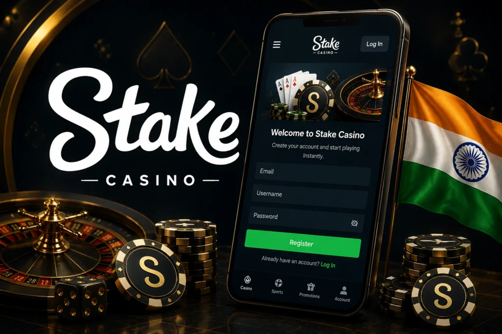 Marketing graphic for "Stake Casino" showing a smartphone with a registration form. The scene is decorated with casino elements including a roulette wheel, gold-lettered "S" chips, dice, and the Indian national flag.