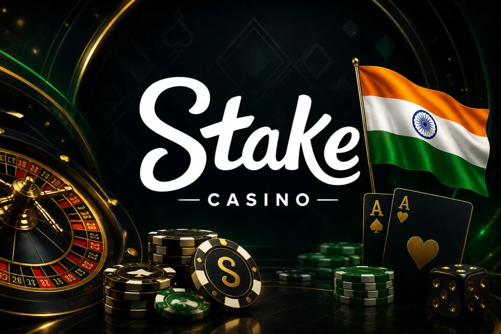"Stake Casino" promotional banner featuring a gold-accented roulette wheel, stacks of black and green poker chips, and two Ace cards. A waving Indian flag stands on the right against a dark, elegant background.